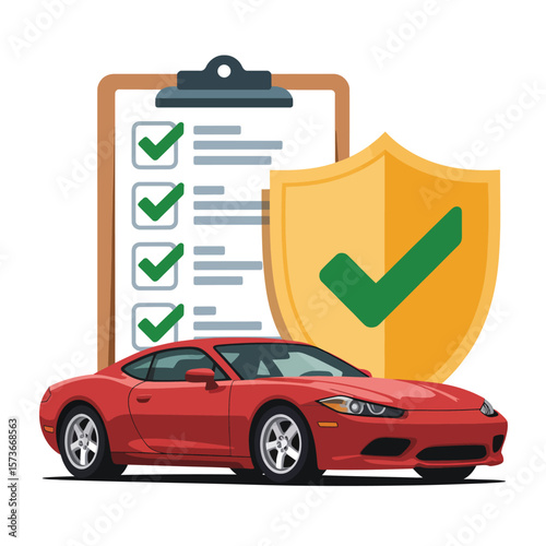Red sports car with a checklist and a shield symbolizing car insurance approval