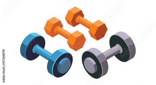 Isometric view of colorful dumbbells for fitness and weightlifting exercises