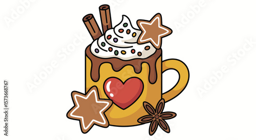 Cozy hot chocolate mug with whipped cream cinnamon stars and heart
