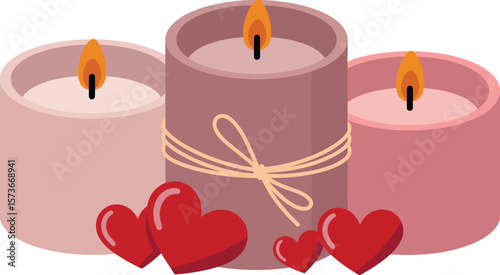 Three lit candles with a bow and red hearts on a white background