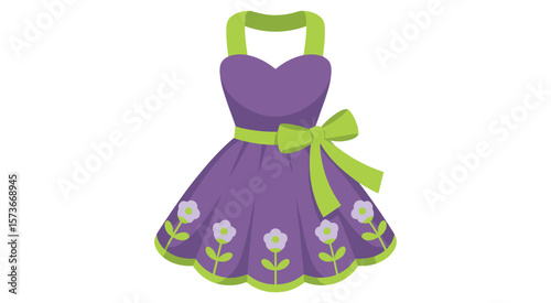 Cute purple dress with green straps and a bow adorned with flowers