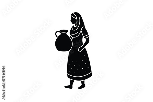 Rural woman carrying water pot in folk depiction traditional life vector art illustration