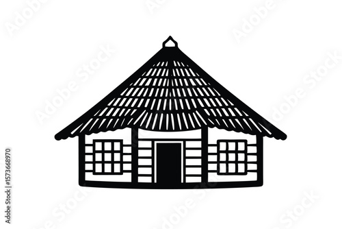 Rustic village hut in folk line drawing traditional home vector art illustration