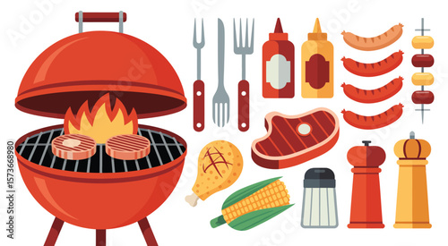 Collection of barbecue food and grilling equipment for outdoor cooking