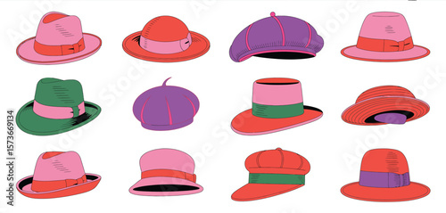 Collection of colorful cartoon hats including fedoras berets and cloche hats