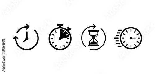 Collection of four black and white icons representing different aspects of time