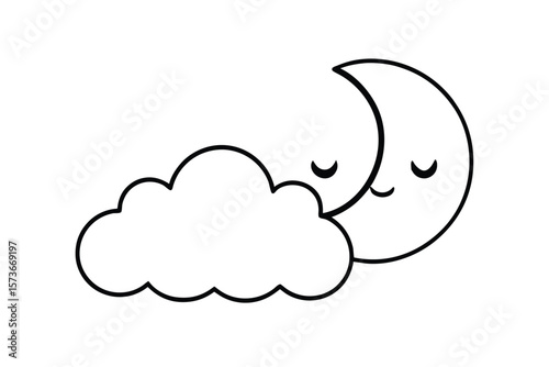 Simple sleeping moon and fluffy cloud elements celestial calm vector art illustration