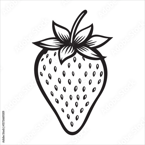 A single strawberry with a leaf showing in minimalist silhouette Vector illustration, strawberry silhouette vector illustration white background 