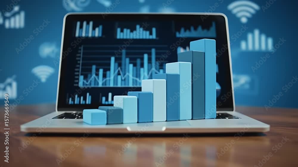 Informative Blue Bar Graph on Laptop Screen Displays Data Analytics Information and Financial Growth on Wooden Table with Icon Background in 3D Render