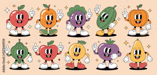 Collection of happy cartoon fruits and vegetables with vintage animation style