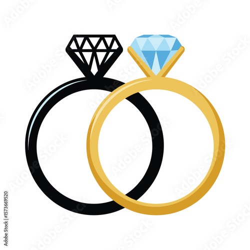 Two diamond engagement rings one gold and one black symbolizing love and commitment