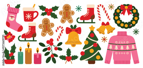 Collection of festive christmas icons including a stocking gingerbread men and a sweater