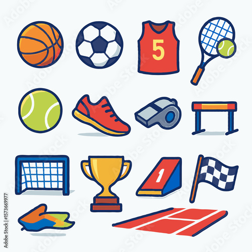 Bright sports-themed icons display balls, jerseys, and trophies—visually appealing and ideal for depicting athletic events, fitness, competition, and active lifestyles.