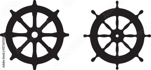 Two black silhouette ship wheels or helm wheels on a white background