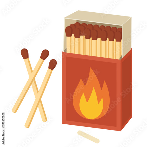 Open matchbox with a flame symbol and loose matches on a white background
