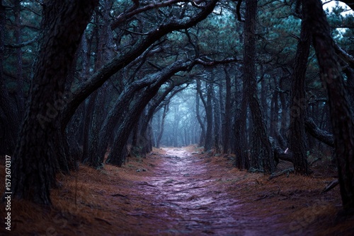 A path winds through a dark dense forest with trees arching overhead shrouded in mist