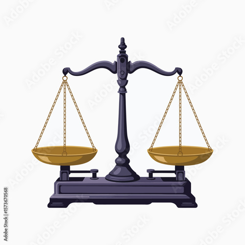 Vintage balance scale with golden pans and dark purple stand