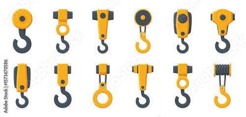 Collection of various yellow and gray crane hooks and pulley systems