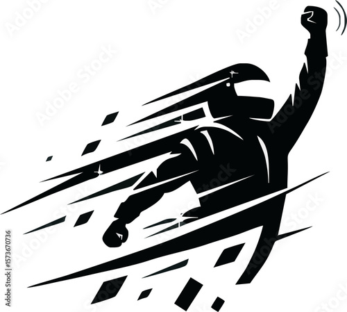 Silhouette of a racing driver with helmet, arm raised in victory, and speed lines suggesting motion.