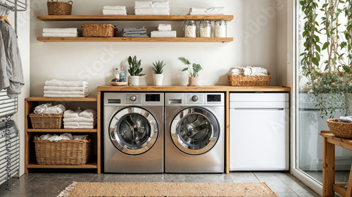 Modern laundry room with front load washer and dryer set in wooden shelving with organized towels baskets and indoor plants for home utility