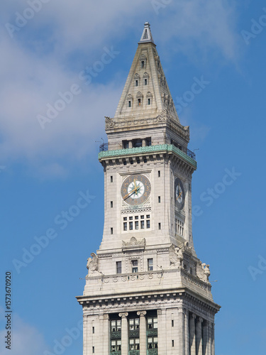 Custom House Tower Clock With Blue Sky White Clouds