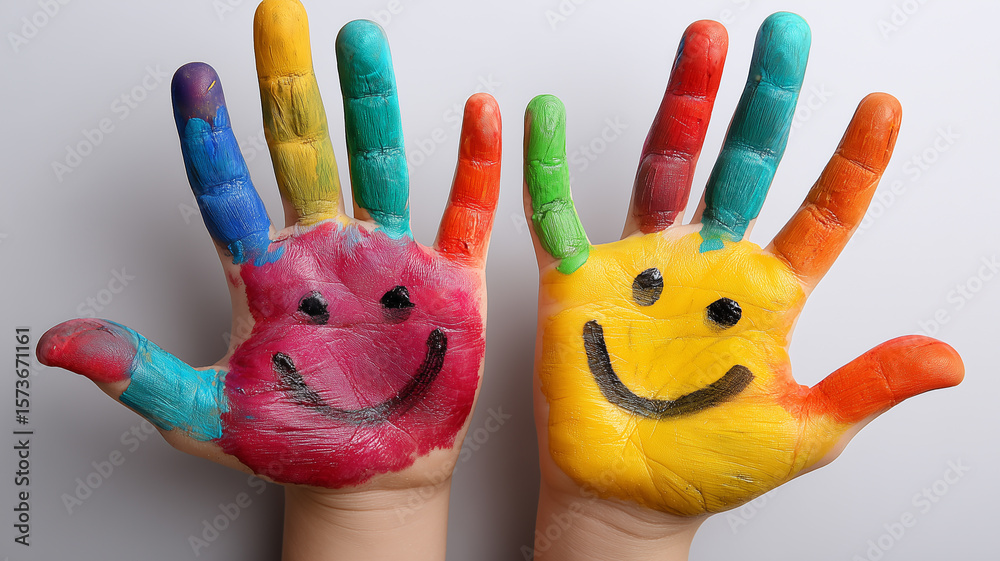 Fototapeta premium A Playful Childhood Creativity Concept Displayed by Two Rainbow Painted Hands Smiling against a Clean Wall.