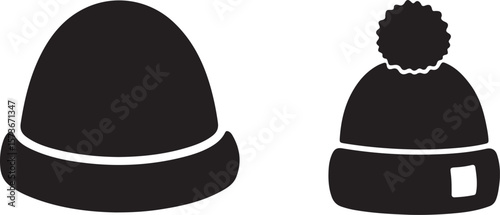 Two black silhouette winter beanies one with a pom pom and patch