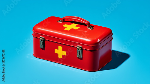Bright Red First Aid Kit with Bold Cross on Vibrant Blue Background Symbolizing Emergency Preparedness.
