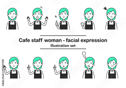 緑髪のカフェスタッフ女性の表情セット｜ベクター線画スタイルの感情バリエーション