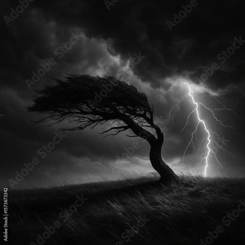Black and white stormy landscape photography with lightning and windswept tree art print for sale on transparent background