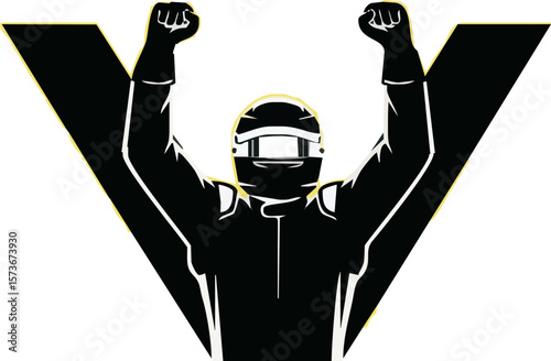 Silhouette of a race car driver celebrating victory with arms raised high.
