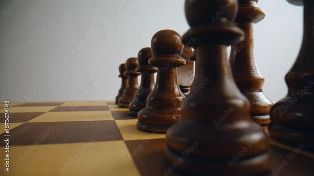 Brown wooden chess pieces positioned on board closeup. Dark figures standing