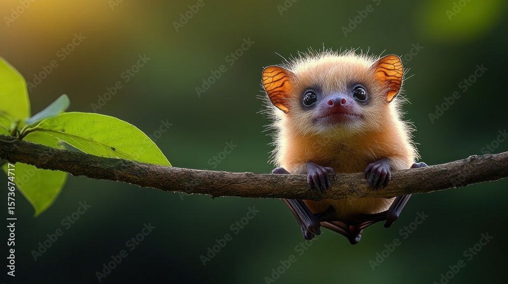Fototapeta premium Cute Baby Bat on Branch in Forest Sunlight