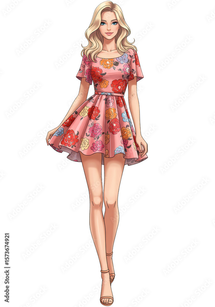 Illustration of Woman in Pink Floral Dress Fashionable Girl on Transparent Illustration of Woman in Pink Floral Dress Fashionable Girl on Transparent