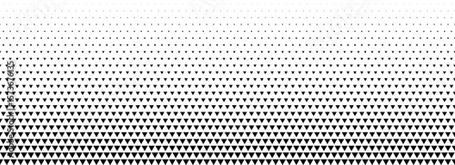 Fading triangle halftone gradient texture. Black abstract geometric background. Tech triangular halfton gradation pattern. Vanishing mosaic arrow wallpaper for poster, banner, booklet. Vector