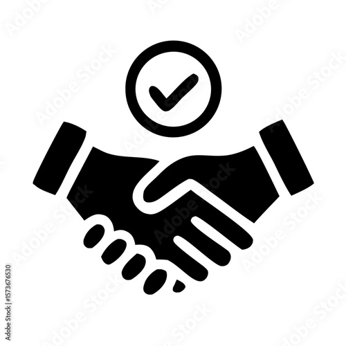 Simple Black and White Handshake Agreement with Checkmark Symbol Icon