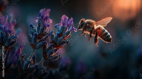 A honeybee hovers near a vibrant lavender flower.