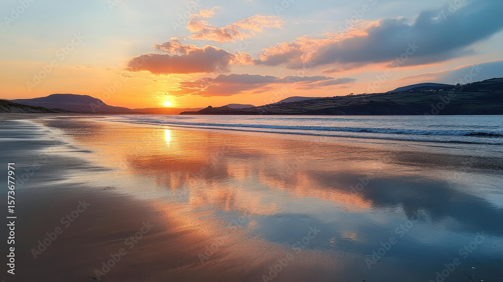 Obraz premium The sun is setting over the ocean, casting a warm glow over the beach