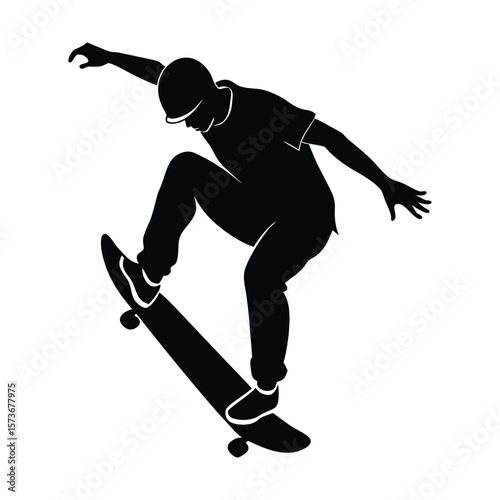 Dynamic skateboarder performing an aerial trick captured in a bold silhouette style