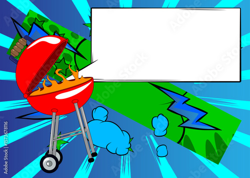 Cartoon Burning wood in barbecue grill with blank speech bubble, comic book BBQ background. Retro vector comics pop art design.