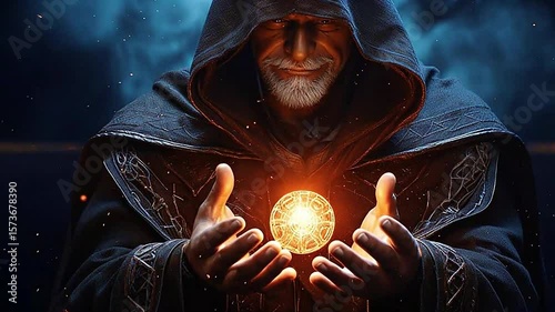 illustration in a high fantasy world, dark mage shape holding small magical cut stones with runes on it in his open hands realistis, highly detailed Video,ai generative