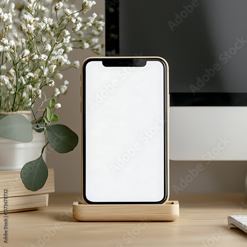 Smartphone on Wooden Stand with Minimalistic Workspace Setup