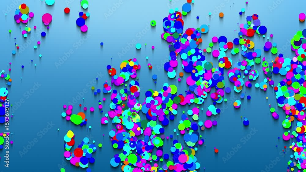 A vibrant and fast-moving abstract backdrop animation of colorful circular shapes casting directional shadows and forming overlapping groups that are scattered across a blue gradient background