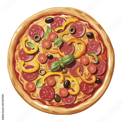 Vector art of a pepperoni pizza with vegetables isolated on white background