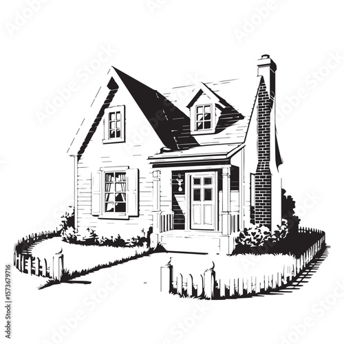Vector art of a charming house with a picket fence isolated on white background