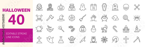 Halloween icon set. Containing pumpkin, ghost, vampire, mummy, Frankenstein, spider, skull, bone, bat, cat, witch, cemetery, candy and more. Editable line icons. Vector illustration.	
