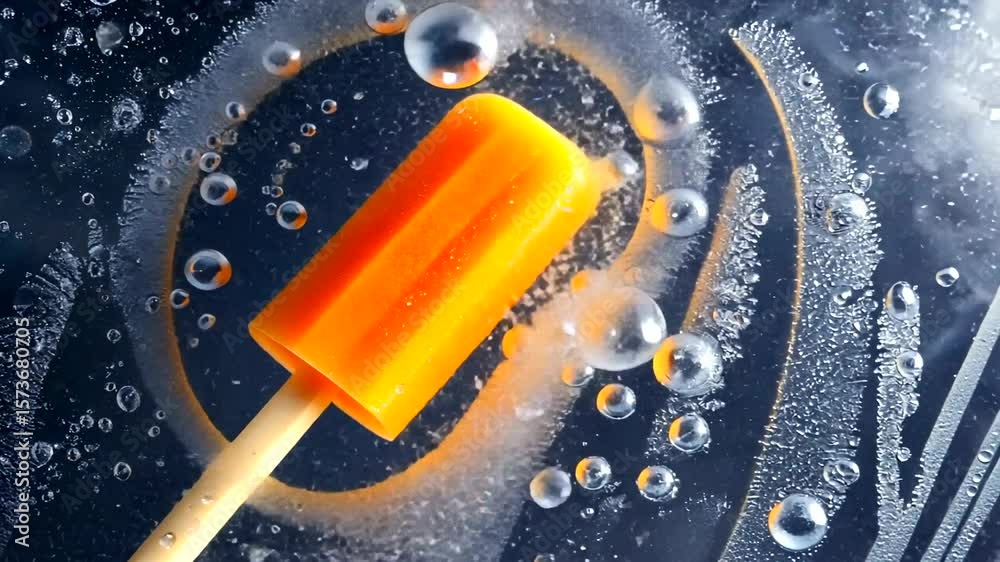 Vibrant orange popsicle on a frosty background, surrounded by ice droplets and bubbles