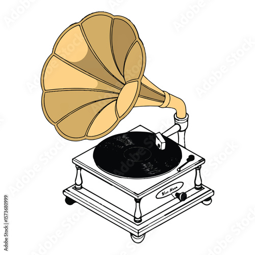 Vector art of vintage gramophone with a horn isolated on white background