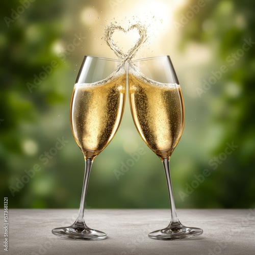 Two champagne glasses clinking together, with sparkling champagne splashing up to form a heart shape above them, set against a softly blurred green and golden background with sunlight.
