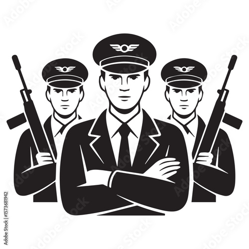 Vector art of a group of security officers in uniform isolated on white background
